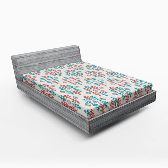 Ambesonne Ethnic Fitted Sheet, Traditional Local, Queen Size, Coral Turquoise White