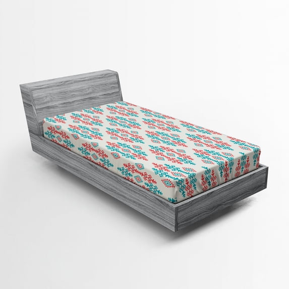 Ambesonne Ethnic Fitted Sheet, Traditional Local, Twin XL Size, Coral Turquoise White