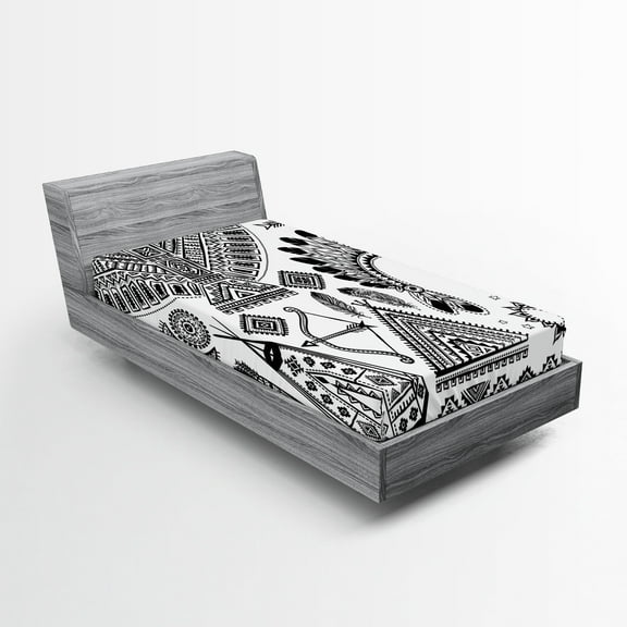 Ambesonne Ethnic Fitted Sheet, Tribal, Twin Size, Black and White