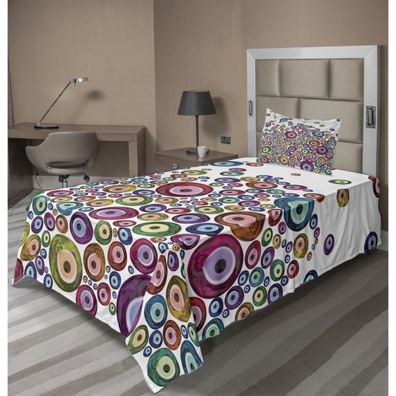 Ambesonne Ethnic Fitted & Top Sheet Set with Sham, Evil Eye Pattern, Multicolor