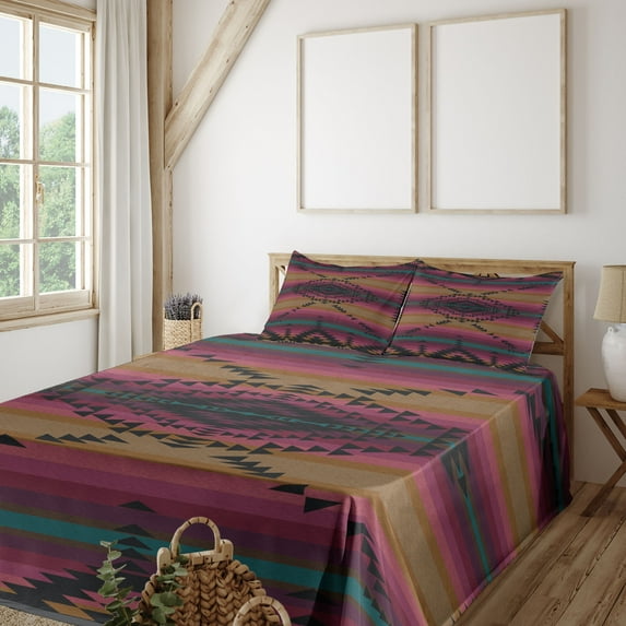 Ambesonne Ethnic Fitted & Top Sheet Set with Shams, Colorful Stripes Triangles, Multicolor