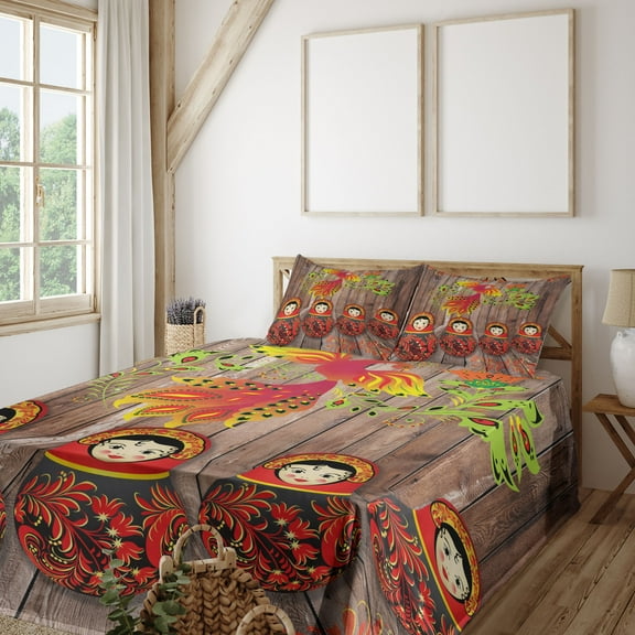 Ambesonne Ethnic Fitted & Top Sheet Set with Shams, Folkloric Characters Print, Multicolor