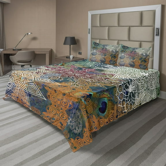 Ambesonne Ethnic Fitted & Top Sheet Set with Shams, Mandala and Peacock Feathers, Multicolor