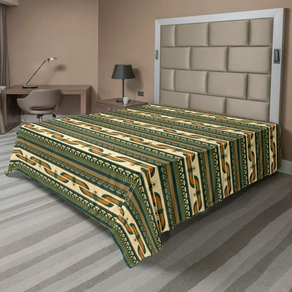 Ambesonne Ethnic Flat Bedding Sheet Soft Top Sheet, Egypt Folk Art Sun Stripes, Queen, Amber Dark Teal and Beige
