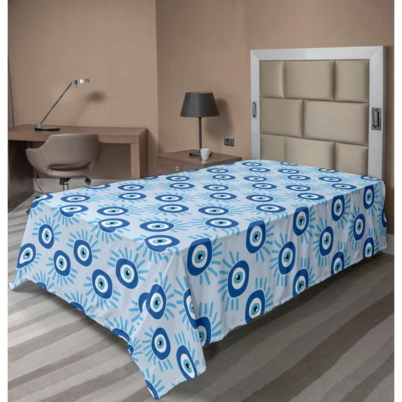 Ambesonne Ethnic Flat Bedding Sheet Soft Top Sheet, Evil Eye Bead Symbols Art, Twin XL, Deep Sky Blue and White