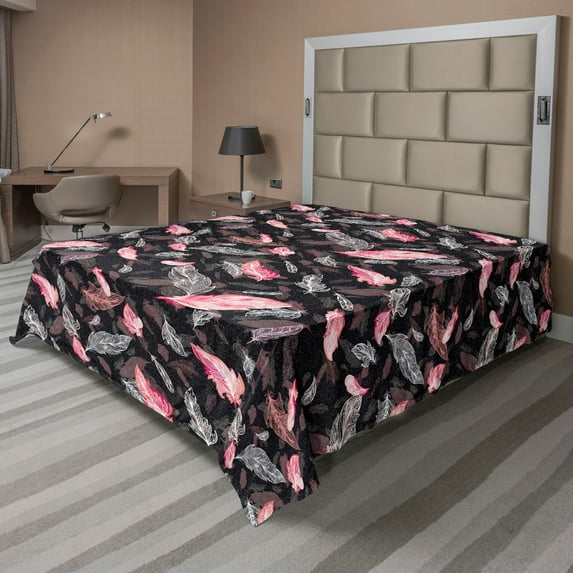 Ambesonne Ethnic Flat Bedding Sheet Soft Top Sheet, Feathers Dark Backdrop Art, Full, Soft Pink and Dark Grey