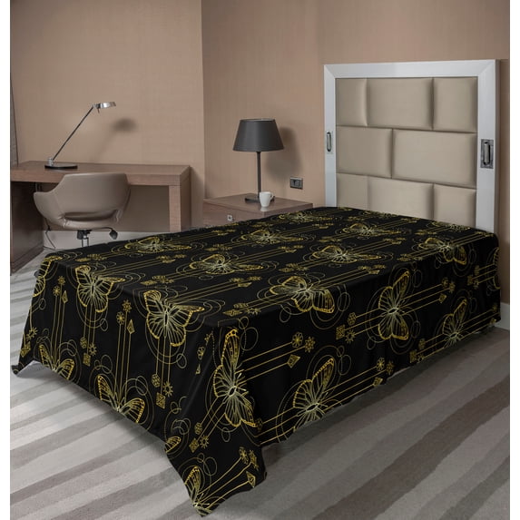 Ambesonne Ethnic Flat Bedding Sheet Soft Top Sheet, Gold Butterfly Square Plot, Twin, Charcoal Grey and Dark Yellow