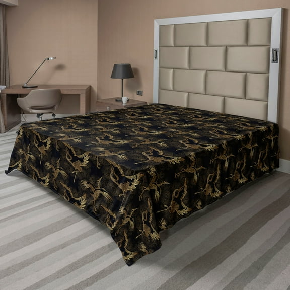 Ambesonne Ethnic Flat Bedding Sheet Soft Top Sheet, Oriental Vibes Crane Birds, Queen, Charcoal Grey Mustard