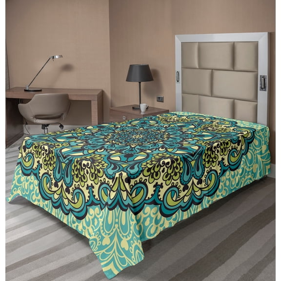 Ambesonne Ethnic Flat Sheet, Abstract Flower Vibrant, TwinXL Size, Pale Yellow Turquoise