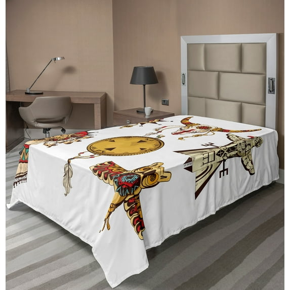 Ambesonne Ethnic Flat Sheet, Animal Totems, TwinXL Size, Pale Coffee Amber White