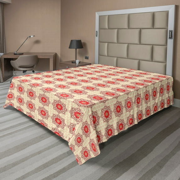 Ambesonne Ethnic Flat Sheet, Blooming Mandala Flowers, California King, Ruby Beige Dark Coral