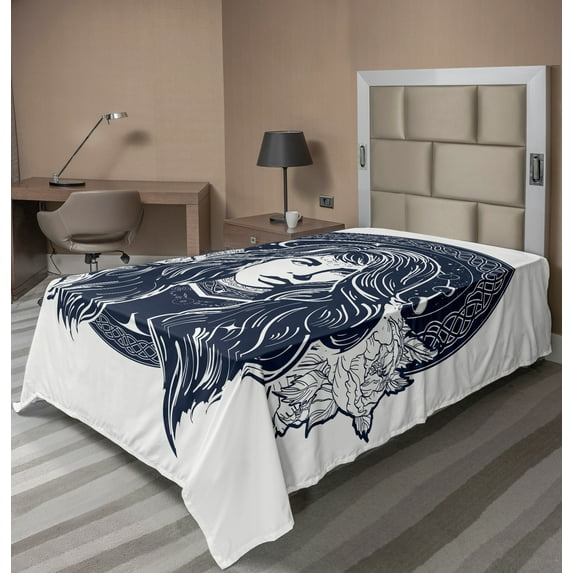 Ambesonne Ethnic Flat Sheet, Boho Artwork Woman Portrait, Twin Size, Dark Blue and White