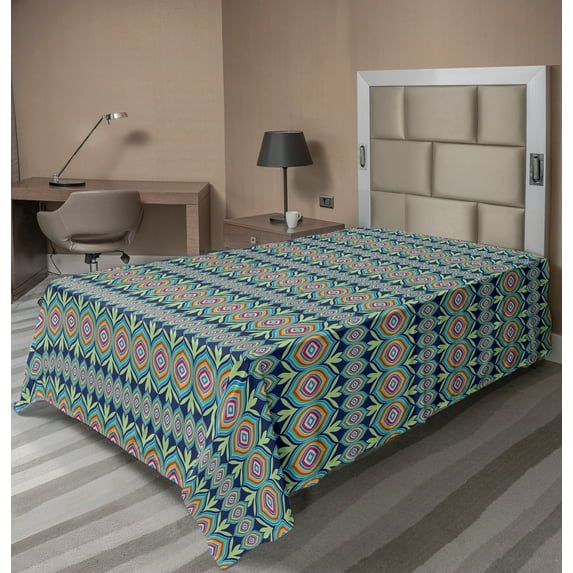Ambesonne Ethnic Flat Sheet, Colorful Tribal Leaf Motifs, TwinXL Size, Multicolor