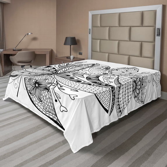 Ambesonne Ethnic Flat Sheet, Exotic Ornate Flower Print, King Size, White and Black