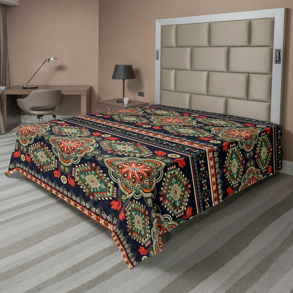 Ambesonne Ethnic Flat Sheet, Floral Geometric Shapes, King Size, Indigo Scarlet