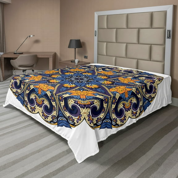 Ambesonne Ethnic Flat Sheet, Floral Mandala Motif, Queen Size, Blue Orange Purple