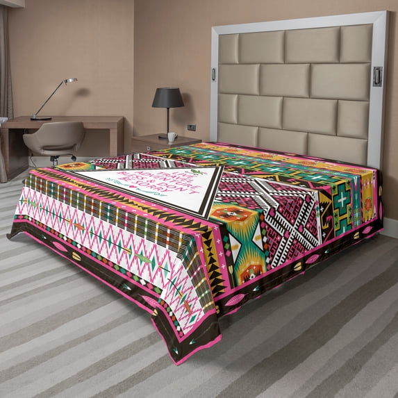 Ambesonne Ethnic Flat Sheet, Folkloric Ornaments Boho, King Size, Pink and Brown
