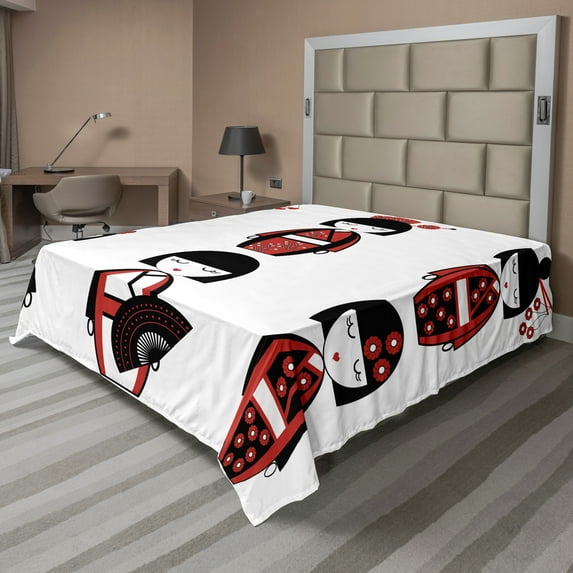 Ambesonne Ethnic Flat Sheet, Geisha Dolls Folkloric, Full Size, Black Red