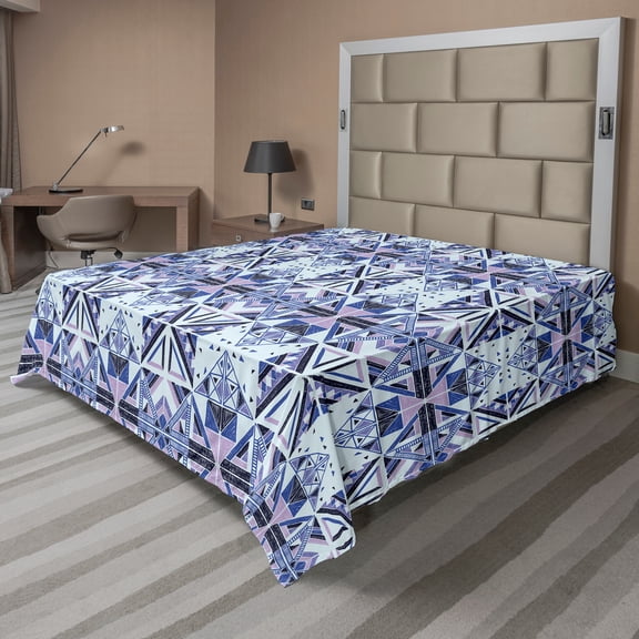 Ambesonne Ethnic Flat Sheet, Geometric Inspired Forms, Queen Size, Pale Blue Mauve