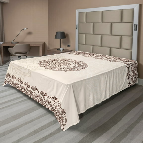 Ambesonne Ethnic Flat Sheet, Geometrical Swirls Lines, King Size, Beige Brown