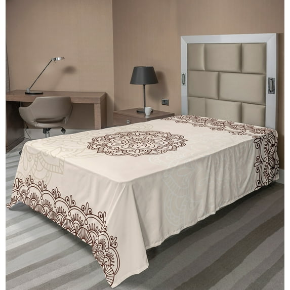 Ambesonne Ethnic Flat Sheet, Geometrical Swirls Lines, TwinXL Size, Beige Brown
