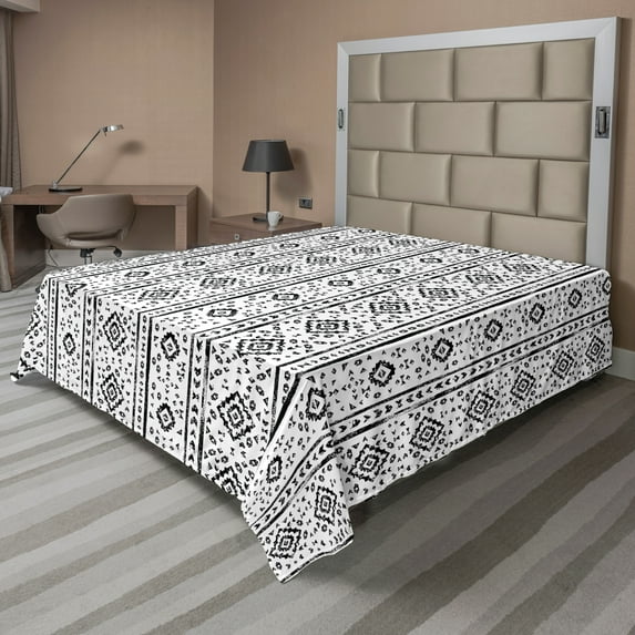 Ambesonne Ethnic Flat Sheet, Grunge Aztec Pattern, California King, Black and White