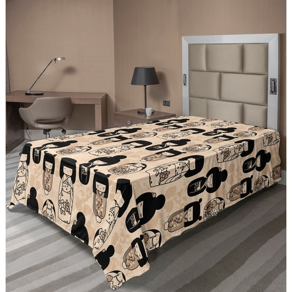 Ambesonne Ethnic Flat Sheet, Little Kokeshi Dolls, TwinXL Size, Beige Black and Tan