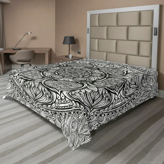 Ambesonne Ethnic Flat Sheet, Mandala Inspired Native, California King, Black and White