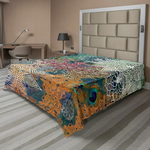 Ambesonne Ethnic Flat Sheet, Mandala and Peacock Feathers, California King, Multicolor