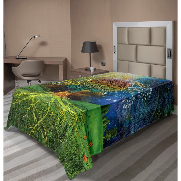 Ambesonne Ethnic Flat Sheet, Mother Earth Theme, Twin Size, Green Blue