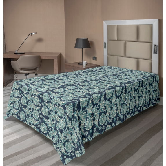 Ambesonne Ethnic Flat Sheet, Oriental Folkore Flowers, TwinXL Size, Pale Blue Dark Teal