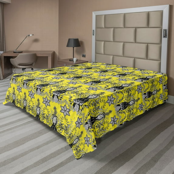 Ambesonne Ethnic Flat Sheet, Paisley Ivy Swilrs Image, Full Size, Charcoal Grey White