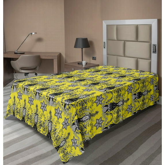 Ambesonne Ethnic Flat Sheet, Paisley Ivy Swilrs Image, TwinXL Size, Charcoal Grey White