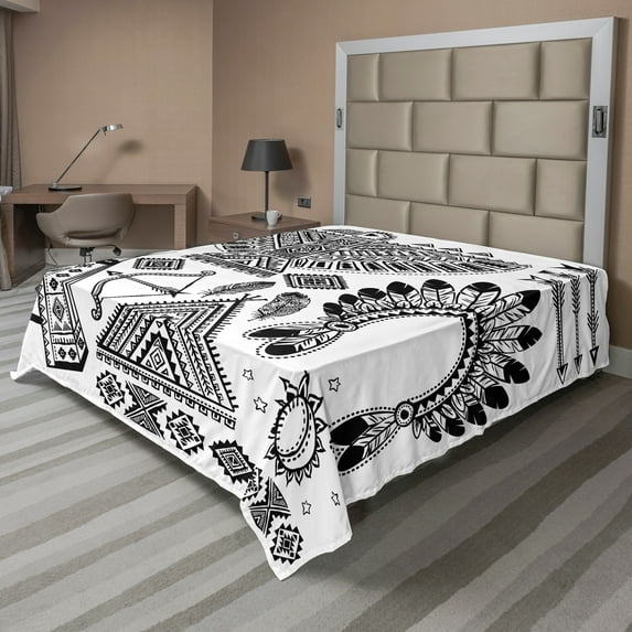 Ambesonne Ethnic Flat Sheet, Tribal, California King, Black and White