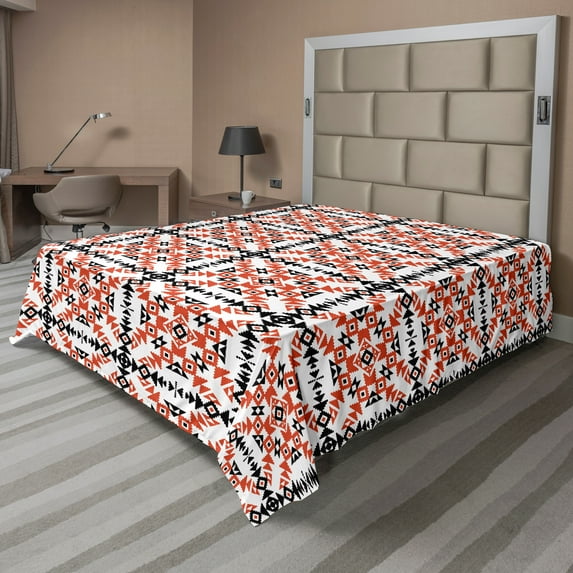 Ambesonne Ethnic Flat Sheet, Tribal Retro Geometric Art, Queen Size, Orange Black White