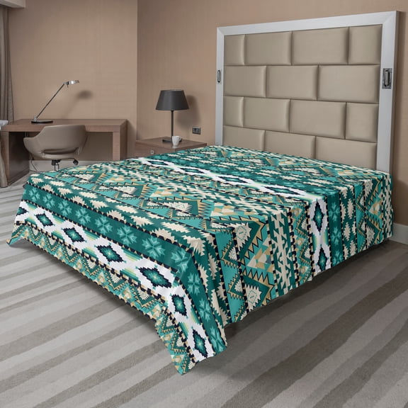 Ambesonne Ethnic Flat Sheet, Winter Aztec Forms Design, Queen Size, Teal Turquoise Tan