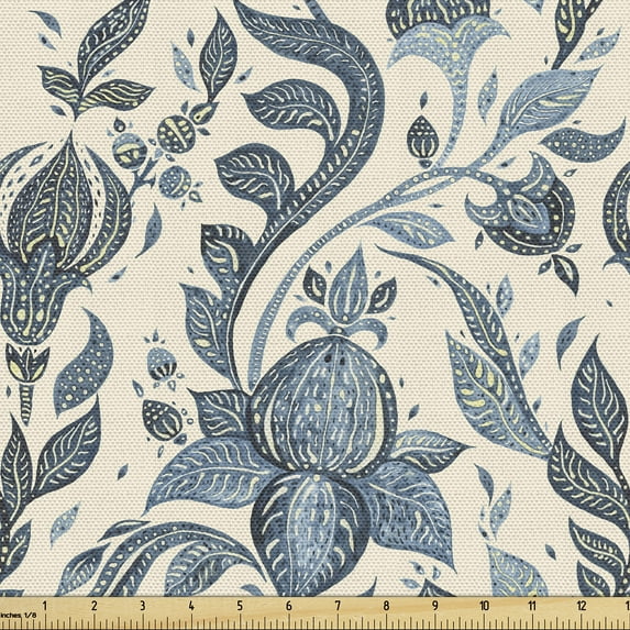 Ambesonne Ethnic Floral Fabric by the Yard Upholstery, Paisley Indigo Flower, 5 Yards, Slate Blue and Pale Teal