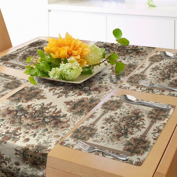 Ambesonne Ethnic Floral Table Runner & Placemats, Art Floral Atmosphere, Placemat 4 pcs + Runner 12"x72", Olive Green Sand Brown