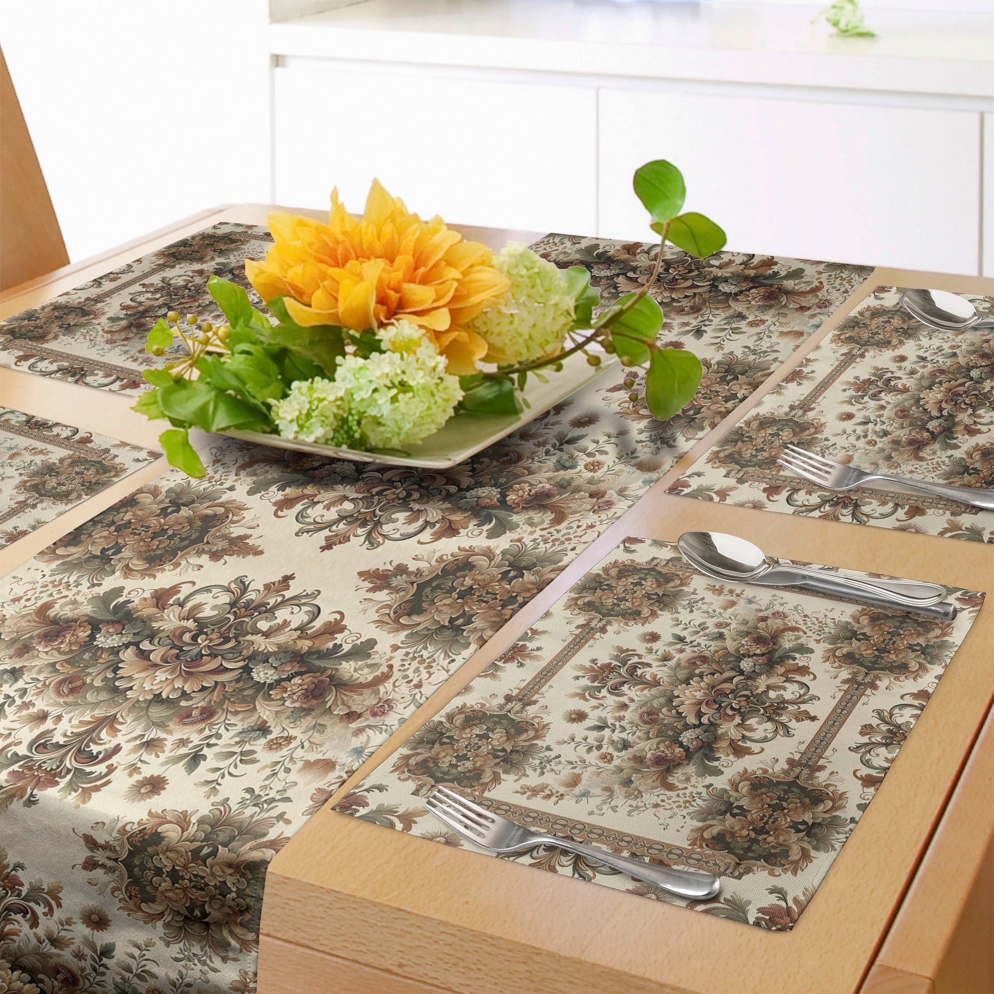 Ethnic Floral Olive Green Sand Brown Table Runner and Placemats Set