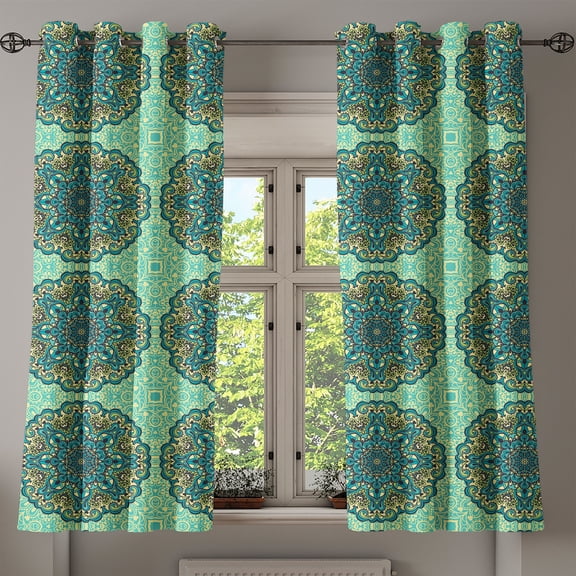 Ambesonne Ethnic Grommet Curtain, Abstract Flower Vibrant, 50" x 63", Pale Yellow Turquoise