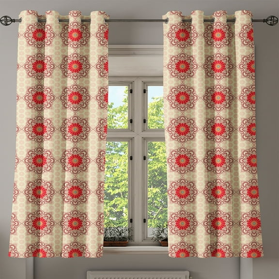Ambesonne Ethnic Grommet Curtain, Blooming Mandala Flowers, 50" x 54", Ruby Beige Dark Coral