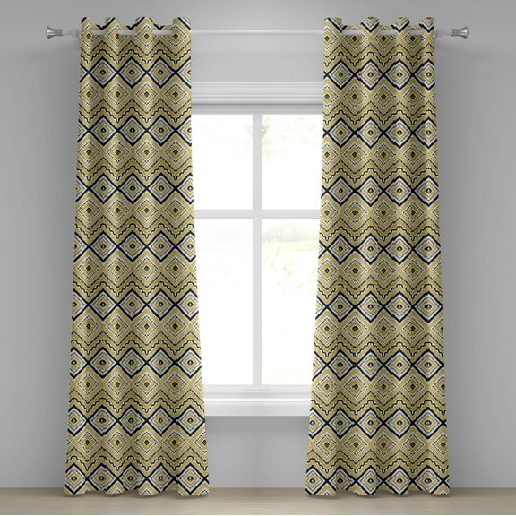 Ambesonne Ethnic Grommet Curtain, Chevron Waves Tribal, 50" x 84", Yellow Black and White