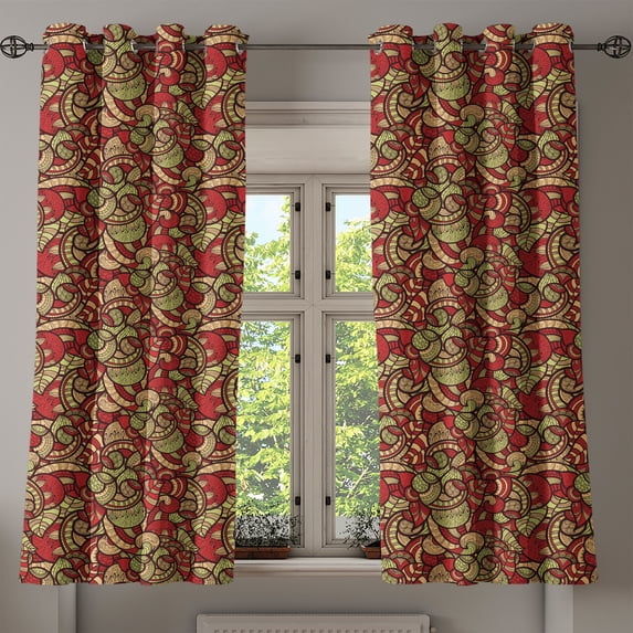 Ambesonne Ethnic Grommet Curtain, Doodle Swirls Floral, 50" x 63", Dark Coral Green Beige
