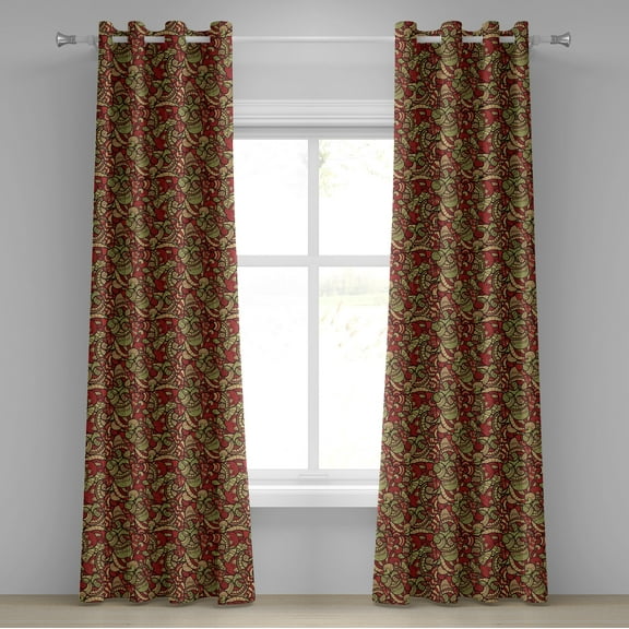 Ambesonne Ethnic Grommet Curtain, Doodle Swirls Floral, 50" x 84", Dark Coral Green Beige