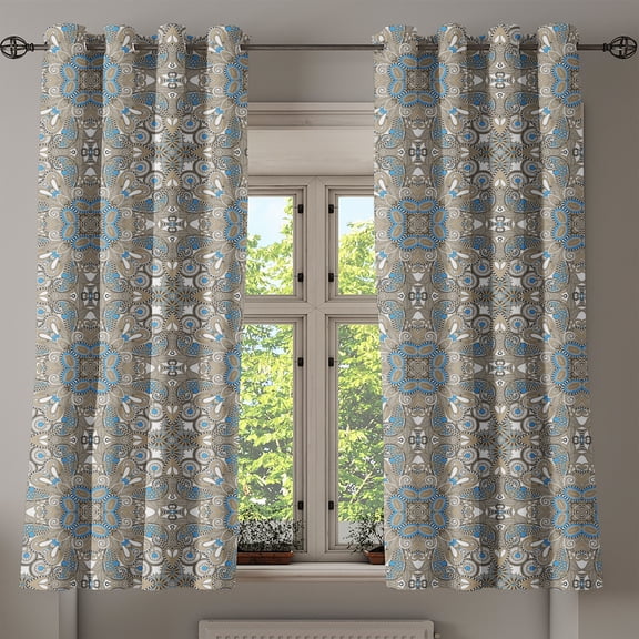 Ambesonne Ethnic Grommet Curtain, Persian Flora, 50" x 63", Tan Blue White