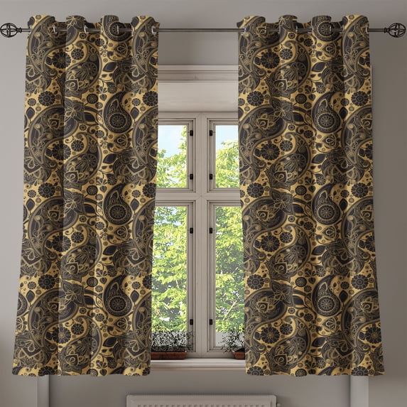Ambesonne Ethnic Grommet Curtain, Traditional Folk Retro, 50" x 54", Black Cream