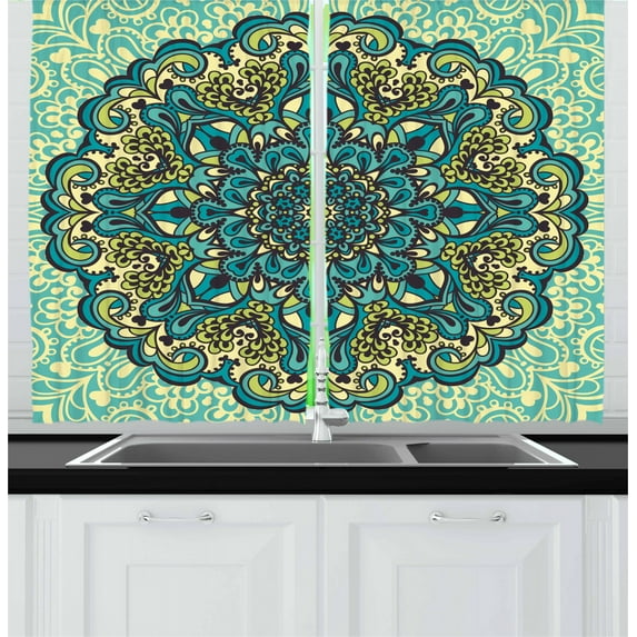Ambesonne Ethnic Kitchen Curtains, Abstract Flower Vibrant, 55"x45", Pale Yellow Turquoise