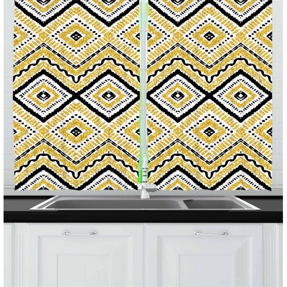Ambesonne Ethnic Kitchen Curtains, Chevron Waves Tribal, 55"x39", Yellow Black and White