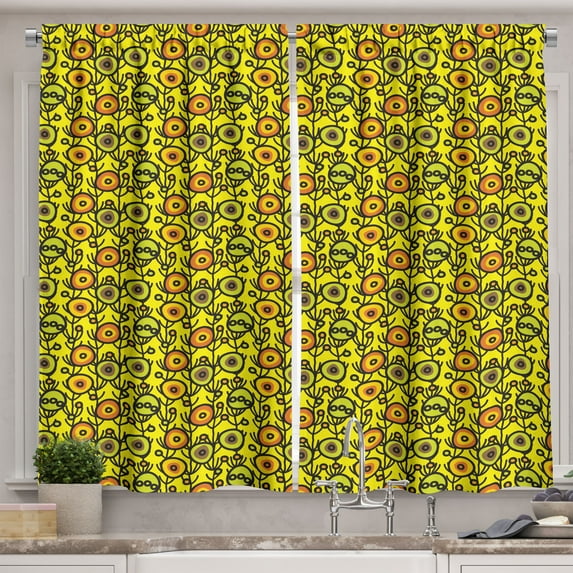 Ambesonne Ethnic Kitchen Curtains, Different Colored Evil Eyes, 55"x45", Yellow Multicolor