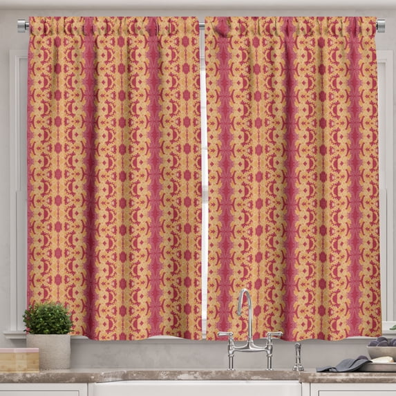 Ambesonne Ethnic Kitchen Curtains, Flora Animals Creatures Art, 55"x30", Dark Pink and Sand Brown